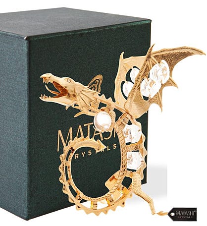 Matashi 24k Gold Plated Fierce Dragon Holding A Crystal Ball Ornament
